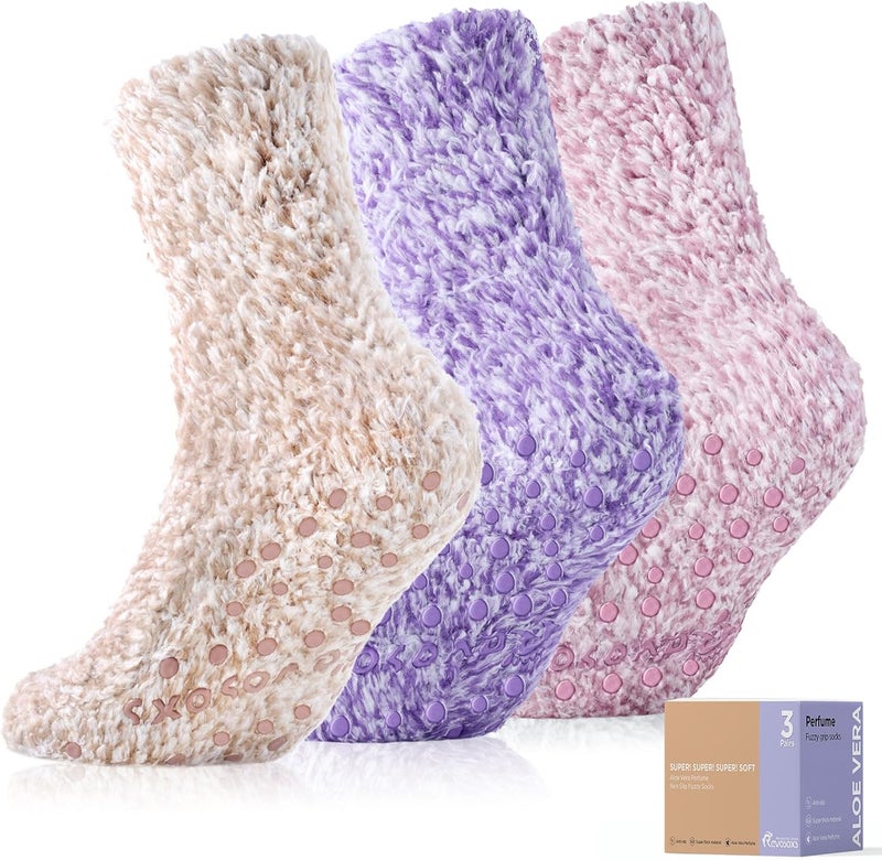 Revosoxs Fuzzy Socks with Grips for Men Women,Non Slip Fluffy Hospital Crew Cozy Warm Socks with Aloe Vera Moisturize - Image 1